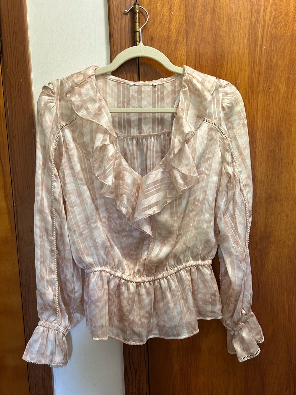 Ruffled V-Neck Peplum Blouse in Soft Blush Pink